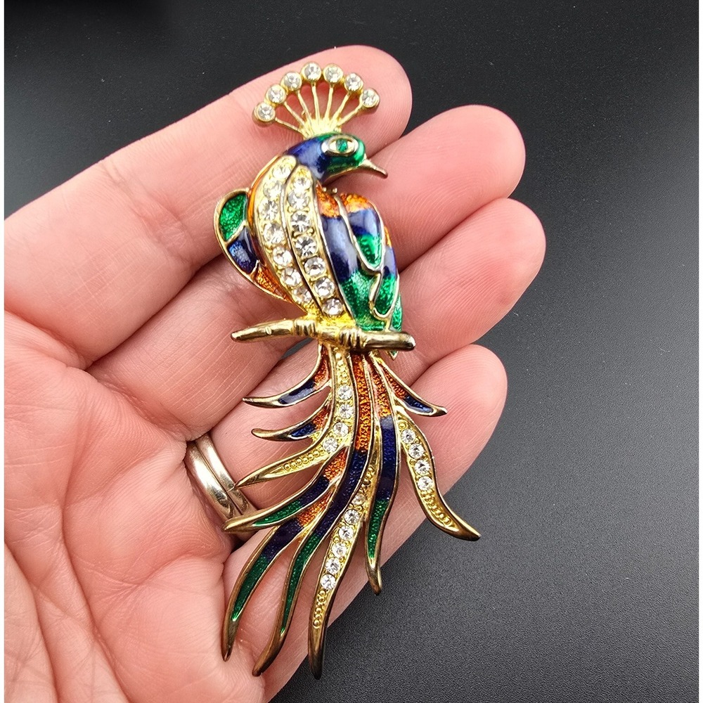 Large Bird Brooch Pin Peafowl Peacock Multicolor Enamel Rhinestone Vintage
